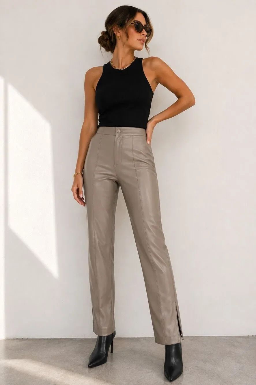 Zara High Rise Faux Leather Ankle Zip Pants Large Taupe
